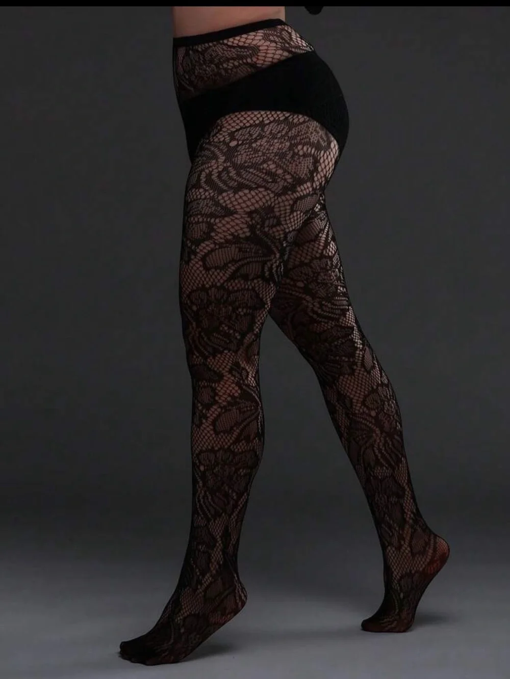 Plus Size Black Fishnet Tights with Leaf Lace Design